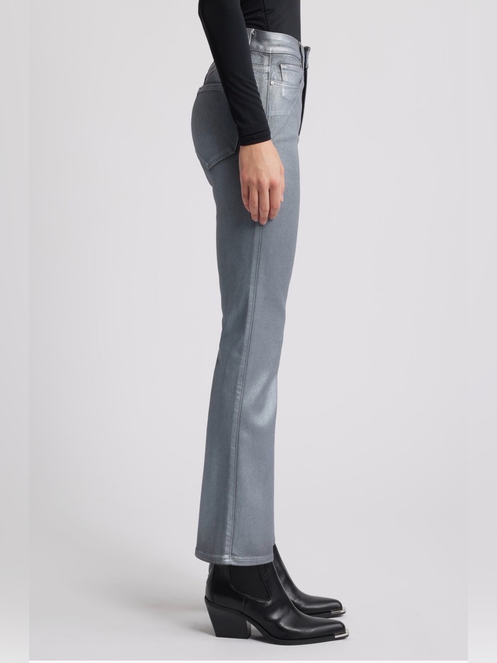 NWT PAIGE Claudine Silver Shimmer Metallic Coated High Rise Flare Jeans - Picture 4 of 17